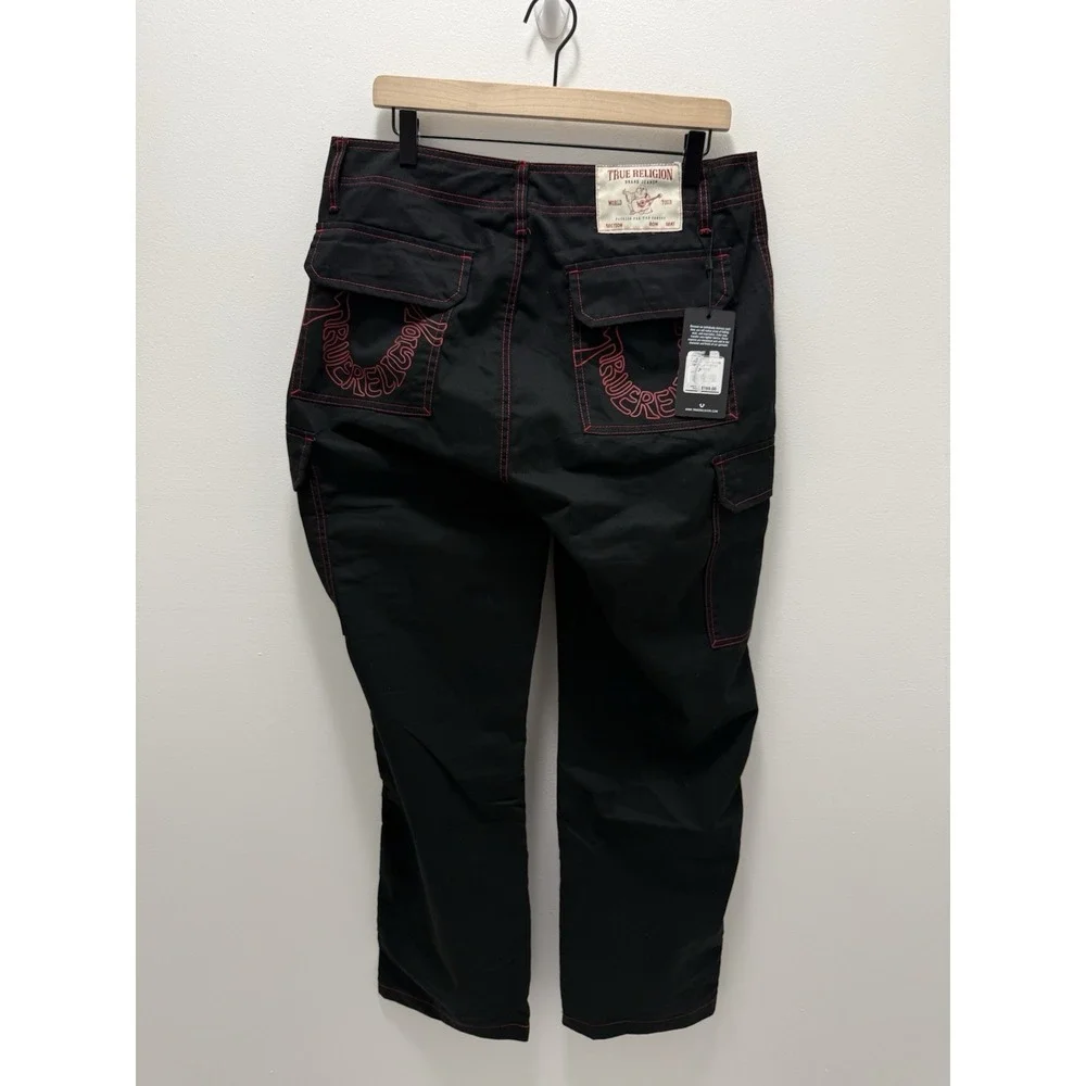 True Religion Mens 32 Black Cargo Pants Red Stitch Wide Leg Y2K Streetwear NWT